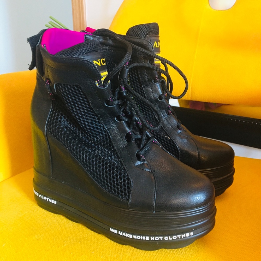 ANCK Women’s Black Leather Wedge Platform Ankle Mesh Logo Lace Up Boots